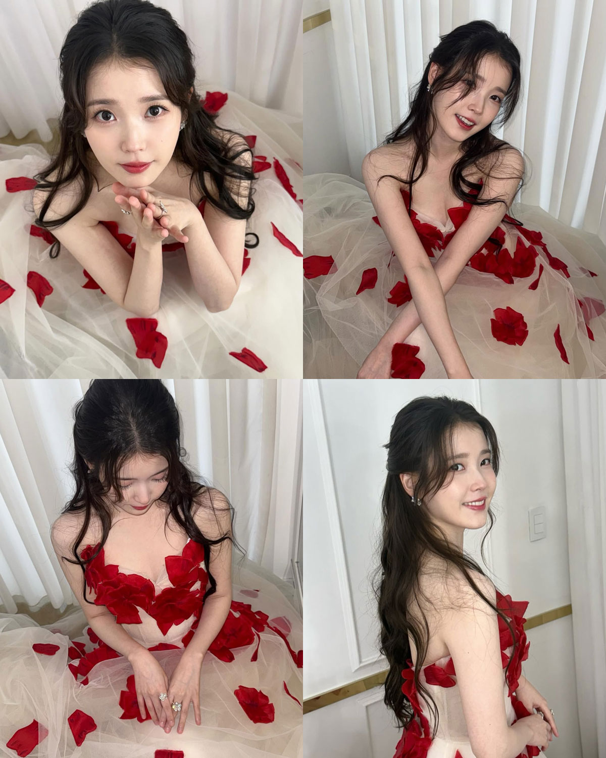 아이유, 레드 플라워 드레스로 완성한 ‘로맨틱 퀸’의 품격
